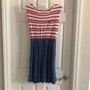 Anthropologie Odille Red Striped Chambray Dress
